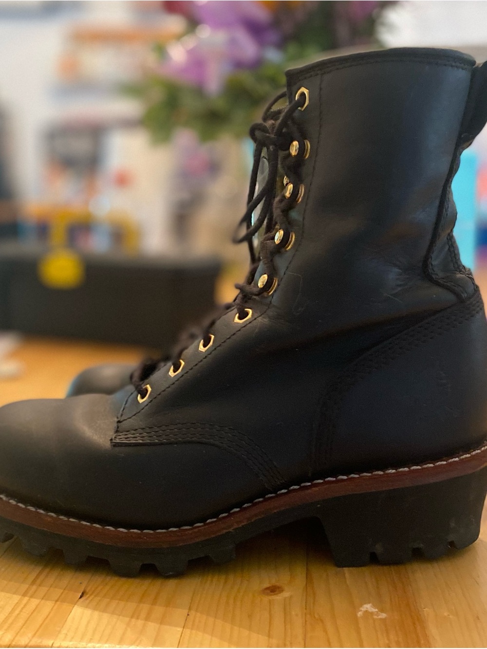 Men's Black Chippewa Lace-Up Leather Boots